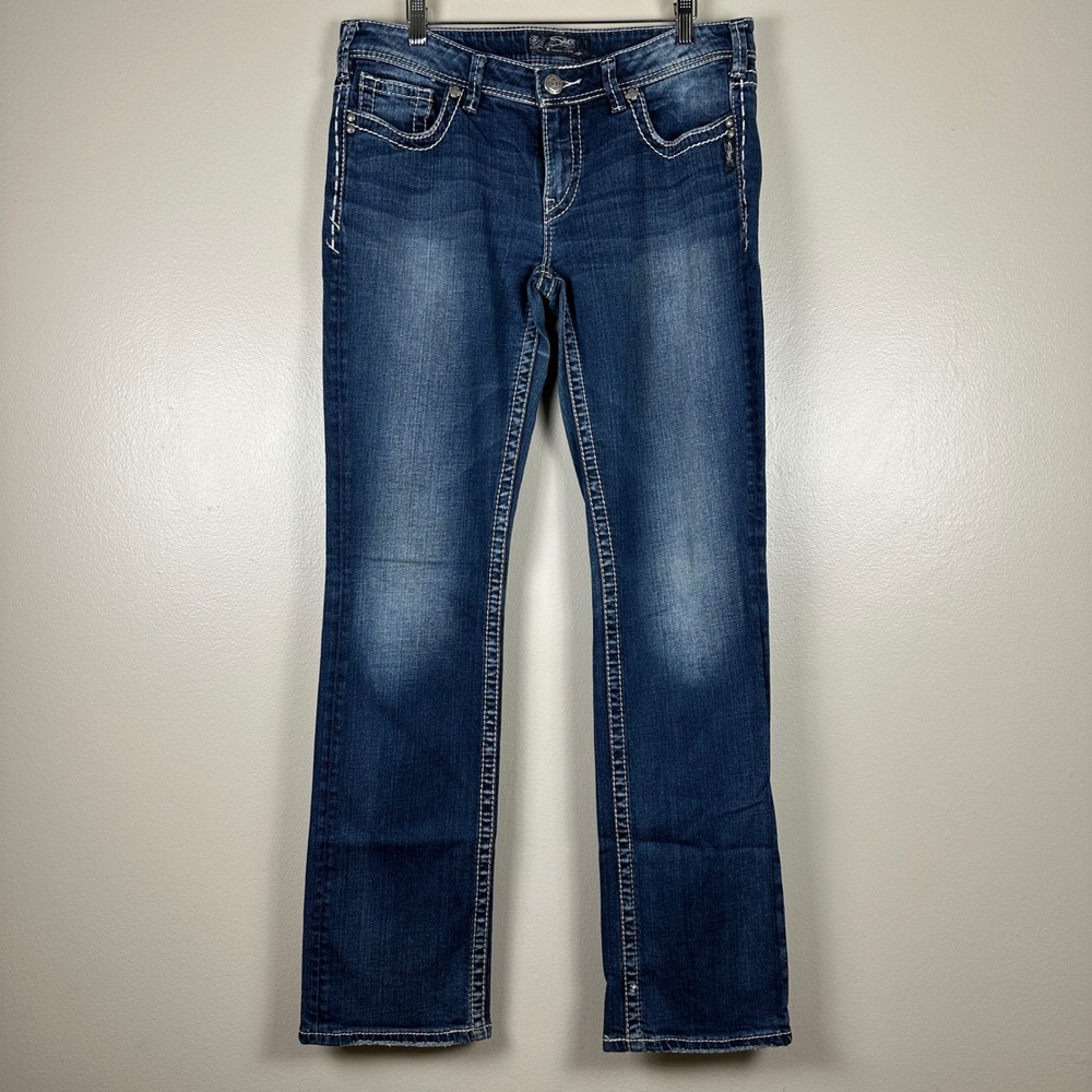 Silver Jeans Co. Women's 32 Aiko Baby Boot Blue Dark Wash Contrast Stitch Jeans